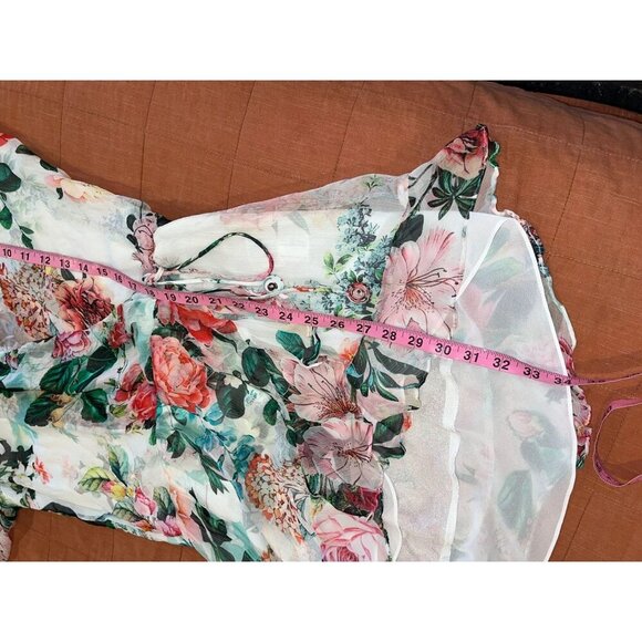 Rococo Sand Floral Sheer Wrap Tie Waist & High-Low Hem Women's Blouse Size M - Picture 10 of 11